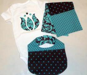 Chocolate and turquoise baby gift set - 3 pieces Appliqued bodysuit, burp cloth and bib