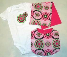 Pink, green and brown floral baby gift set - 3 pieces Appliqued bodysuit, burp cloth and bib