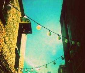 Valley Laneway Photograph 5x5 Whimsical Lights, City Architecture, Brown Buildings, Turquoise, Urban Photography Print