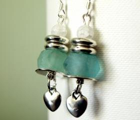 Blue Recycled Glass & White glass Earrings with Heart Charm