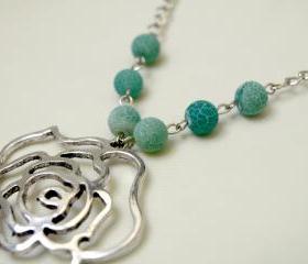 Silver Filigree Flower Pendant With Blue Turquoise Agate