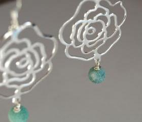 Silver Dangle Earrings Flower Filigree and Blue Agate