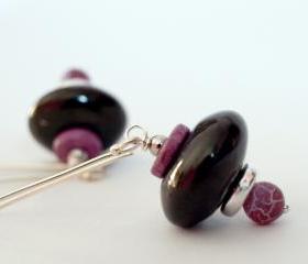 Dangle earrings-Jet Stone, Agate, Silver & Ceramic Pink and Black Earrings