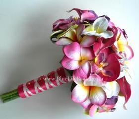 PINK Tropical Bridal Bouquet with Real Touch Plumerias, Calla's and Orchids - Made to Order