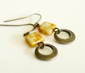 Boho Yellow Earrings-Brass Hoops and Beige Marble Square Czech Glass Earrings