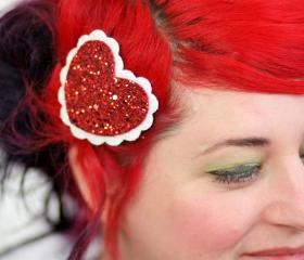 Heart Hair Clip, Red Glitter Heart, White Scallop Edge, Hair Barrette