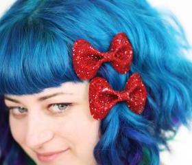 Dark Red Bow Clips, Glitter, Hair Accessories, Cute Kawaii Bows