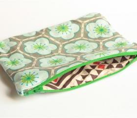 Zipper Pouch - Hexagons in Grey and Blue with Green Zipper