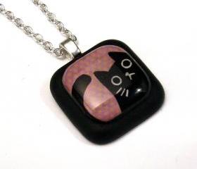 Peeping Black Cat on Purple Polka Dot Resin Pendant