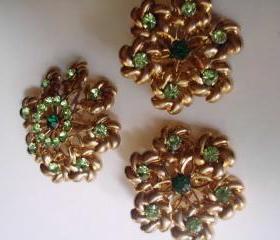 green rhinestone earrings and brooch set, vintage new old stock