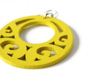 Neon Yellow Earrings with Wood Filigree Beads. Boho Earrings