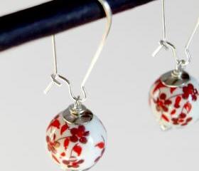 Asian Ceramic Red Flowers-Dangle Earrings