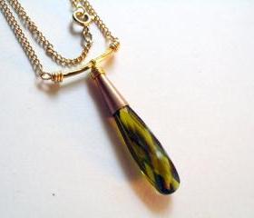 olive crystal necklace on goldfilled chain
