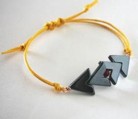 for him - tribal bracelet hematine stone and yellow waxed cotton - men and unisex bracelet