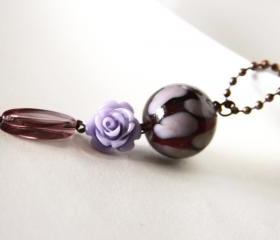 lilac and purple pendant with ball chain necklace - flower round glass beads romantic