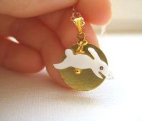 Sterling silver necklace with shell rabbit and brass disc - Bunny and a Golden Moon