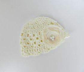  Crochet hat -Baby hat-Newborn baby girl crochet hat- Off white - Silk flower -Organic cotton -Photo prop -