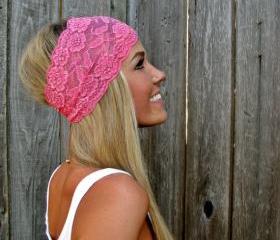 Wide Stretch Lace Headband in Bubblegum Pink