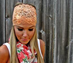 Wide Stretch Lace Headband in Peach (Soft Orange)