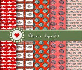 Red Fishes Digital Scrapbooking Paper Pack - Vintage scrapbooking - Paper Design - Blossom Paper Art