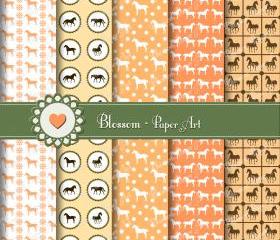 Orange Horses Digital Scrapbooking Paper Pack - Scrapbook - Printable - Collage Sheet - Decoupage - 12x12 inches