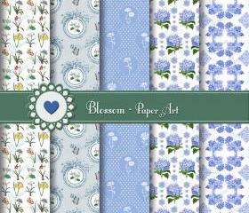 Light Blue Vintage Flowers - Digital Scrapbooking Paper Pack - Download Image - 12x12 inches 300dpi - 1042