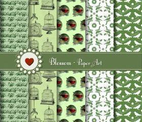 Digital Scrapbooking Paper - Green Vintage Birds - Cardmaking - Scrapbooking - Download Image - Blossom Paper Art