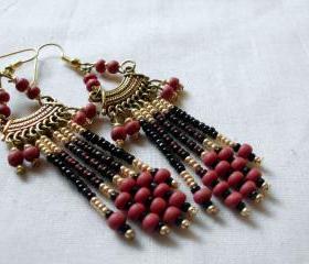 tribal earrings in red and gold seed beads