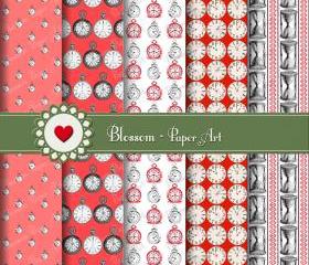 Red Vintage Clocks Digital Scrapbook Pack - Scrapbooking Paper - Printable - Wallpaper - Blossom Paper Art