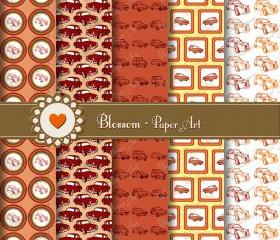 Red Peach Yellow Retro Cars Vintage Scrapbooking Paper Design Printable - Scrapbook - 12x12 inches 300dpi - Blossom Paper Art