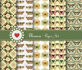 Digital Vintage Scrapbooking Paper- Butterflies - Yellow - Download Image - 12x12 inches 300 dpi. Blossom Paper Art - 1043