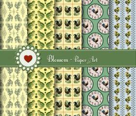Digital Scrapbooking Paper - Vintage Rooster - Green & Yellow - Blossom Paper Art - 12x12 inches 300 dpi