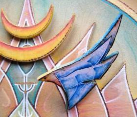 Blue Starbird wooden brooch - pyrography, decoupage, dreams