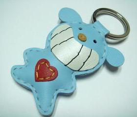 Smilely Bear Leather Keychain ( Light Blue )