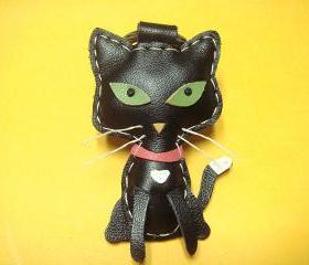 Octavian the Cat leather keychain ( Black )