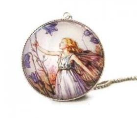Silver Glass Round Purple Harebell Flower Fairy Necklace