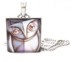 Artistic Abstract Owl Woodland Creature Square Glass Pendant Necklace or Keychain