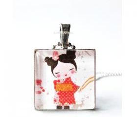 1 inch Japanese Girl Kimono Glass Tile Pendant Square Keychain or Necklace