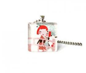 Adorable Glass Tile Pendant Japanese Girl on bridge with Umbrella Kawaii