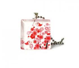 1 Inch Birds on Sakura Red Cherry Blossom Glass Tile Pendant
