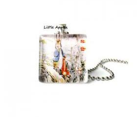Woodlands Animals Peter Rabbit in forest Glass Tile Square Pendant