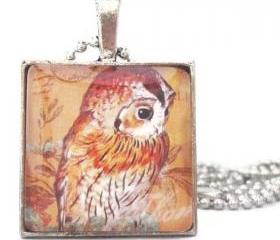 1 inch Brown Owl Print Square Glass Tile Pendant Woodland Creature Keychain