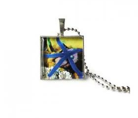 Blue Starfish Glass Tile Pendant Silver Necklace Underwater Life Keychain