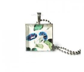 Antique Flower Blue Morning Glory Glass Silver Tray Necklace Handmade Keychain