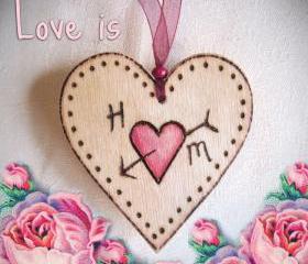Personalized wood HEART - couples initials ... Heart-on-a-Card - wedding, anniversary, love token...