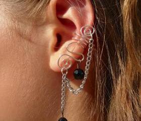 Ear Cuff with Chain and Black Bead Accents