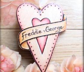 Personalized wood heart scroll banner - handcrafted and wood burnt