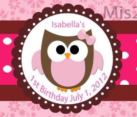 Water Bottle Label - Owl Theme Pink Baby Owl SET of 20 Custom Order