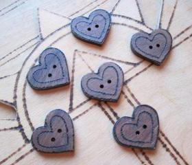 6 Wood Heart Buttons - handcrafted pyrographed walnut delights - hand cut with Love