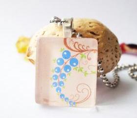 Blue Berries Square Scrabble Glass Tile Pendant